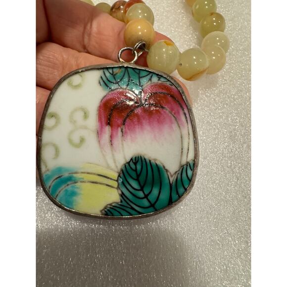 Chinese Porcelain Shard Sterling Square Pendant 20" Beaded Necklace Green Onyx - Picture 1 of 8